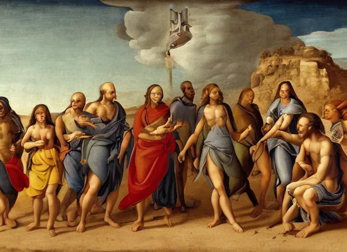 Prompt: : „a painting of a group of people outside in tropical desert Atlantis city pointing at a UFO in the sky, an ultrafine detailed painting by Giovanni Paolo Pannini, cg society, renaissance, da vinci, detailed painting, academic art“