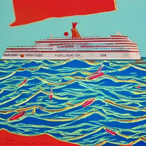 Image similar to A giant squid destroying a cruise ship in the middle of the ocean, oil painting by Andy Warhol