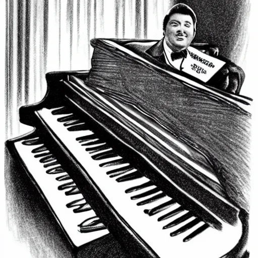 Prompt: pencil illustration of Liberace playing piano highly detailed, cinematic,