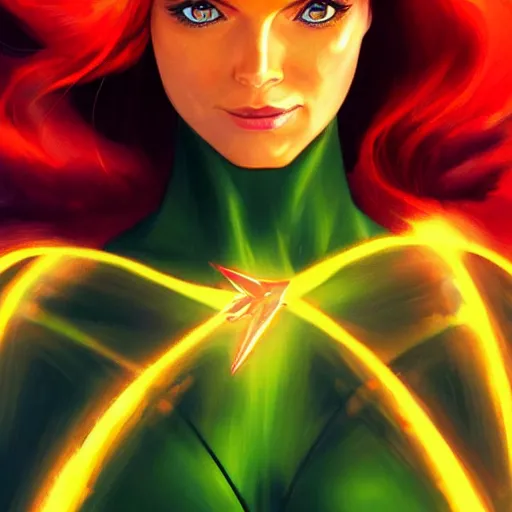 Image similar to jean grey, a full body portrait of jean grey, green eyes, red hair, phoenix rising, flames, flying, comic, x - men, highly detailed, artstation, deviantart, symetry, digital painting, vivid colors, realistic shaded perfect face, volumetric lighting, atmospheric, sharp focus, moody, art by artgerm and greg rutkowski, 8 k