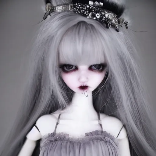 Image similar to a pretty full body woman BJD doll, grey hair, sad eyebrows, symetric eyes, photo realistic, heart mouth, torn tule tutu, melancholic atmosphere, gothic atmosphere, dark palette, pastel palette, bloodborn, pale roses