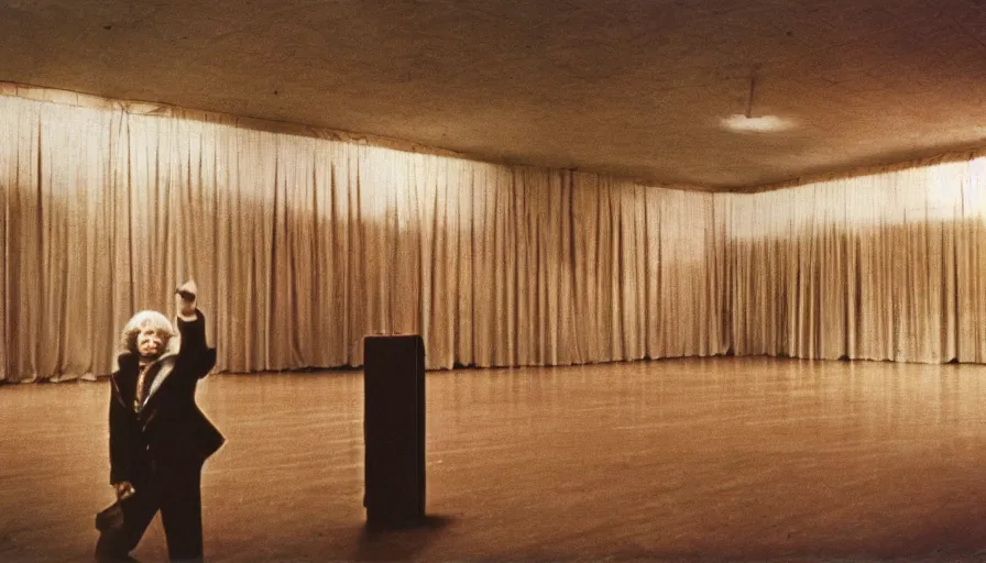 Image similar to 70s movie still of a man with very very long arms in an empty soviet ballroom, eastmancolor, heavy grain, high quality, higly detailed, liminal space