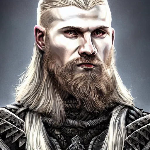 Image similar to portrait of solemn, ice-pale undead viking warrior with black veins and brutalist plate armor with art deco knotwork, elegant, intricate, head and upper body portrait, D&D, fantasy, highly detailed, digital painting, artstation, concept art, sharp focus, illustration, art by artgerm and brom and greg rutkowski and alphonse mucha