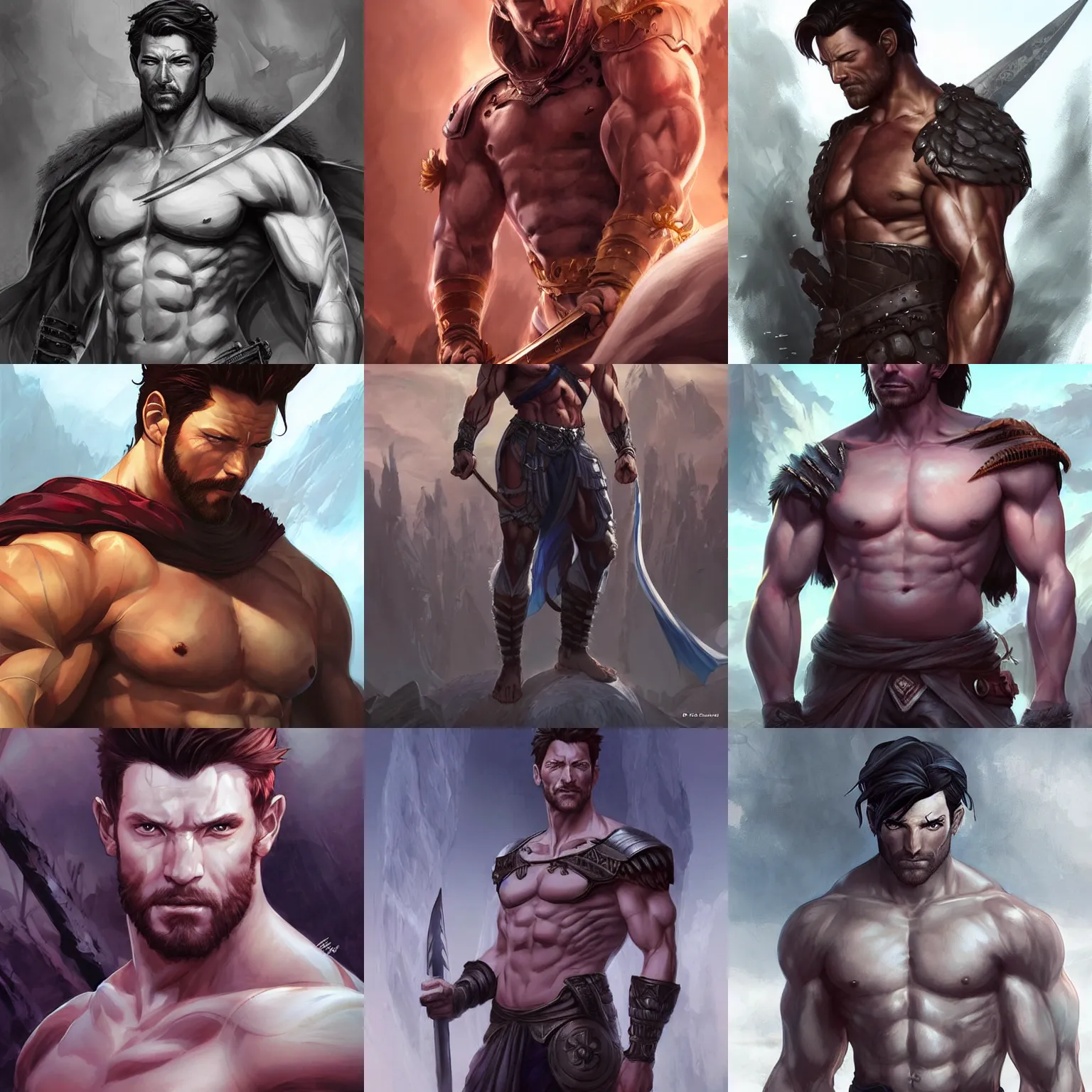 Prompt: Muscular Ian Bohen as a dignified warrior king. Character design by charlie bowater, ross tran, artgerm, and makoto shinkai, detailed, inked, western comic book art, 2021 award winning painting