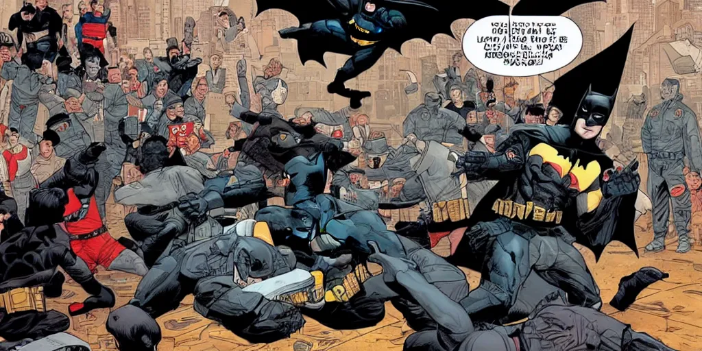 Prompt: Batman teaching mall-cops karate. Epic painting by James Gurney and Laurie Greasley.