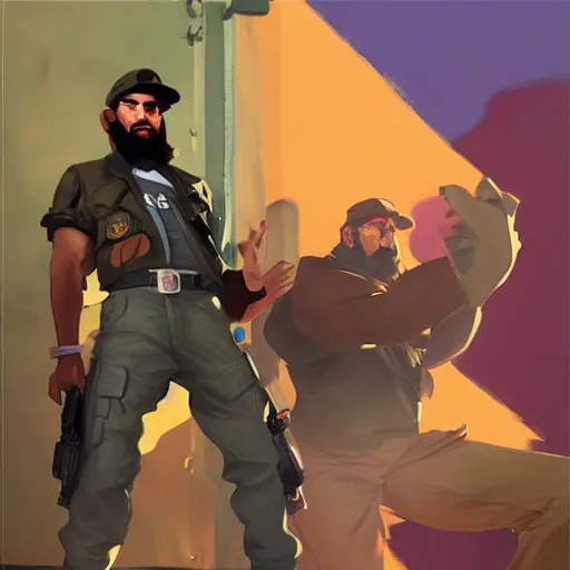 Image similar to greg manchess painting of fidel castro as an overwatch character, profile picture, matte painting, bold shapes, hard edges, street art, trending on artstation, by huang guangjian and gil elvgren and sachin teng