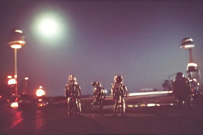 Prompt: vintage photo of alien invasion, flash photography at night, retro 1 9 7 0 s kodachrome