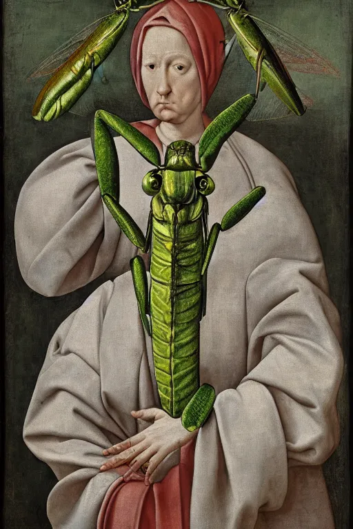 Image similar to praying mantis, renaissance portrait