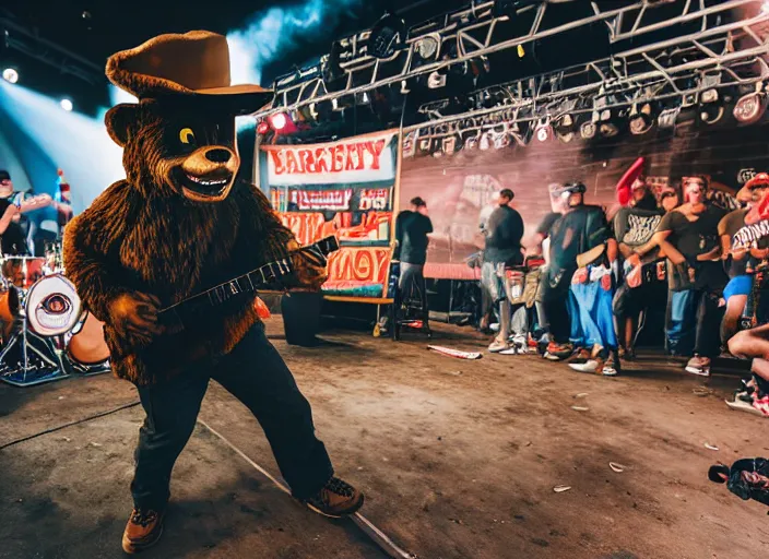 Image similar to photo still of smokey the bear on stage at vans warped tour!!!!!!!! at age 3 3 years old 3 3 years of age!!!!!!!! putting out a fire, 8 k, 8 5 mm f 1. 8, studio lighting, rim light, right side key light