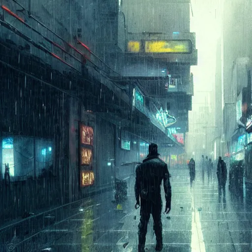 Image similar to a man standing in a cyberpunk street the men's casual walking the background is the cyberpunk city and it's raining by greg rutkowski