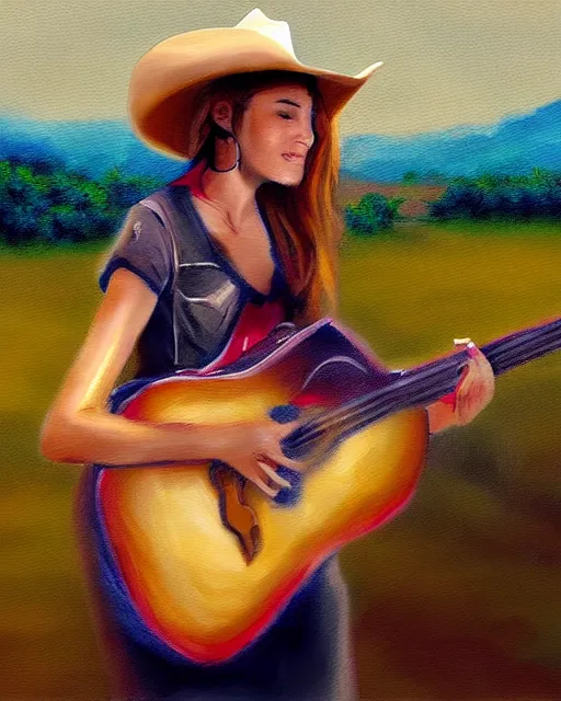 Image similar to a painting of a cowgirl playing a guitar and singing outdoors with texas hill - country in background, in the style of casey baugh, digital art