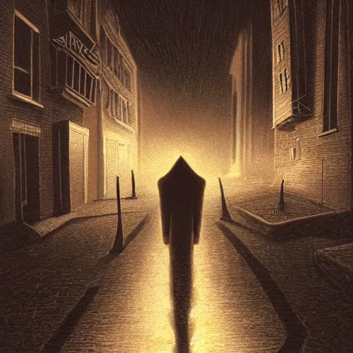 Image similar to creature chasing human down street at night by Michael Whelan, eerie, horror, scary, ominous, 8k, highly detailed