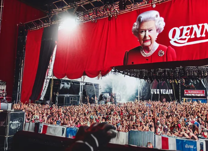 Image similar to photo still of queen elizabeth on stage at vans warped tour!!!!!!!! at age 7 0 years old 7 0 years of age!!!!!!! shredding a guitar on stage, 8 k, 8 5 mm f 1. 8, studio lighting, rim light, right side key light