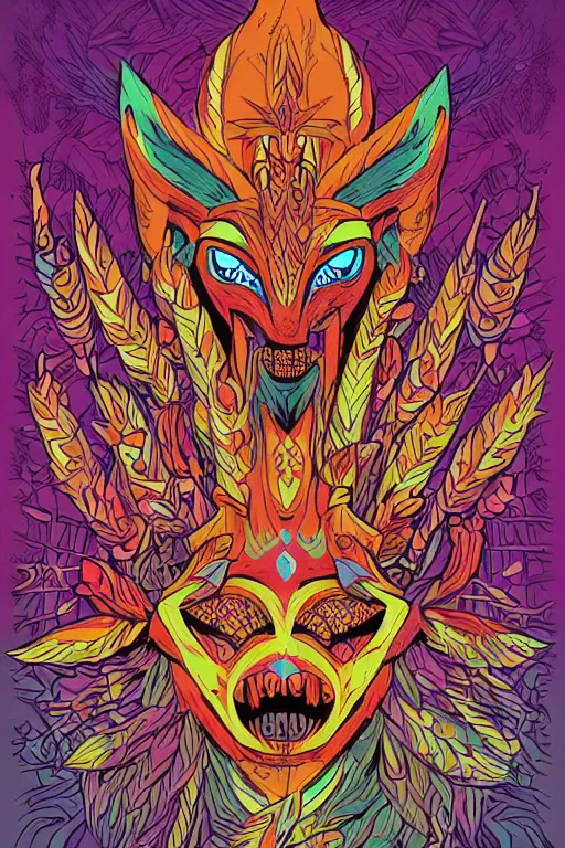 Image similar to animal mask totem roots flower tribal feather gemstone plant wood rock shaman vodoo video game vector cutout illustration vivid multicolor borderlands comics by josan gonzales and dan mumford radiating a glowing aura