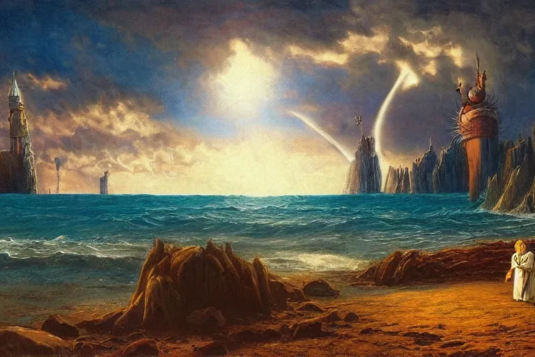 Image similar to miskatonic university big bang seascape in the style of dr. seuss,'harry potter directed by christopher columbus ', painting by albert bierstadt