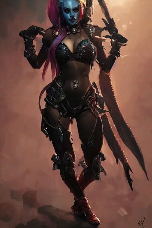 Image similar to portrait of dark eldar Harley Quinn in bikini armor, dc comics, cyberpunk, Warhammer 40000, dark fantasy, digital art from artstation by Ruan Jia and Mandy Jurgens and Artgerm and william-adolphe bouguereau