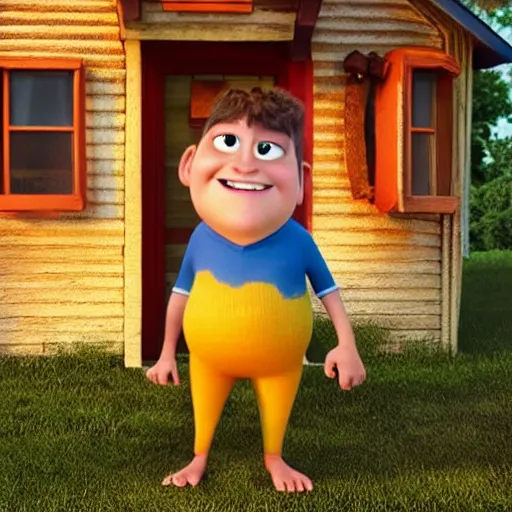 Prompt: a hero shot for a movie poster of an anthropomorphic main character of a kids movie by pixar, proudly smiling and standing in front of a small and compact wooden house