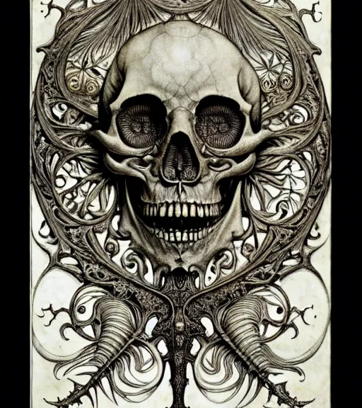 Prompt: memento mori by arthur rackham, art forms of nature by ernst haeckel, exquisitely detailed, art nouveau, gothic, ornately carved beautiful skull dominant, intricately carved antique bone, art nouveau botanicals, ornamental bone carvings, art forms of nature by ernst haeckel, horizontal symmetry, arthur rackham, ernst haeckel