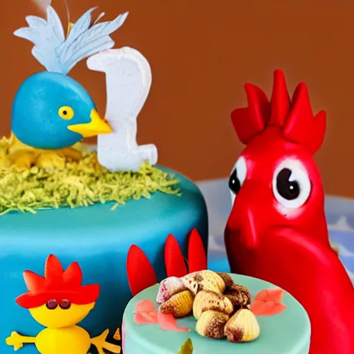 Image similar to a hatchling chick and a rooster together next to a birthday cake having 3 candles