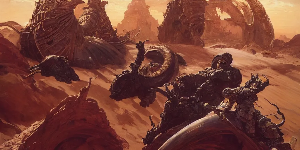 Prompt: a beautifull intricate painting of vladimir harkonnen fighting paul atreides, muad'dib, giant sandworm!! in background, dune, frank herbert, reflexions, verry high details by william turner art, greg rutkowski and alphonse mucha, trending on artstation, very very detailed, masterpiece, vibrant colors