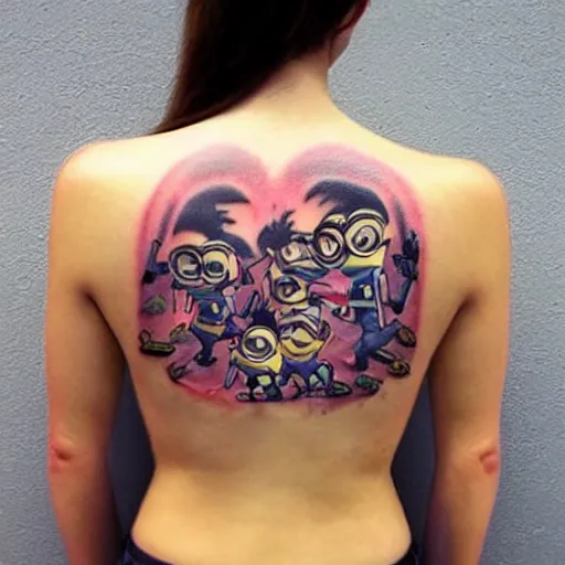 tattoo of minion on female back, epic, colorful, | Stable Diffusion
