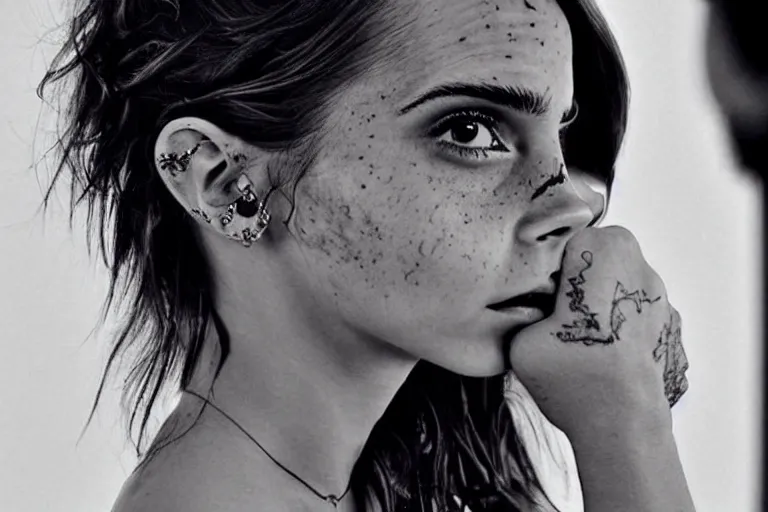 Image similar to emma watson, dope tattoo, hyperrealistic