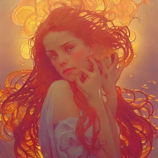 Image similar to sea of glossy liquid honey drops flowing like translucent amber, backlit, sunset, refracted lighting, art by collier, albert aublet, krenz cushart, artem demura, alphonse mucha