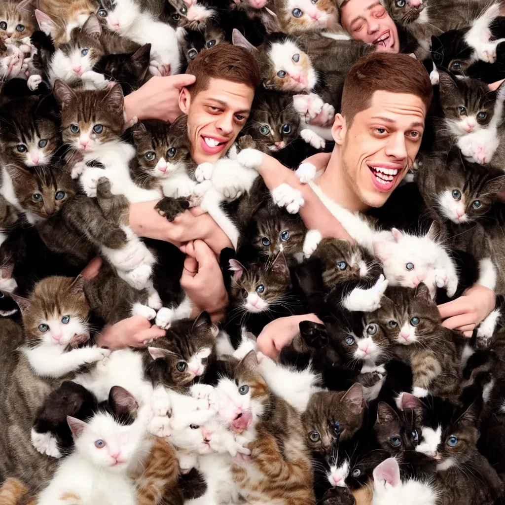 Image similar to pete davidson being tackled by hundreds of cats kittens kitties