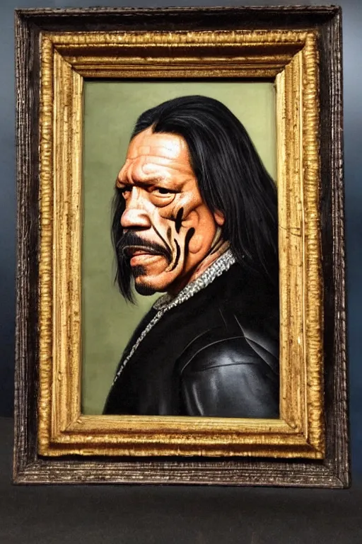 Image similar to a 1 6 0 0 s framed portrait painting of danny trejo holding a skull, intricate, elegant, highly detailed