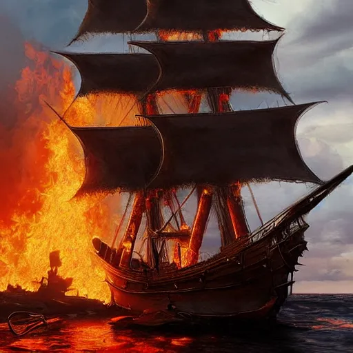 Image similar to Pirate ship on fire, digital art, detailed, artstation, realistic