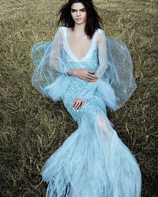 Image similar to annie leibovitz style photoshoot editorial of kendall jenner wearing a fairy dress with cream lace bodice with sleeves of sheer pale blue sequins