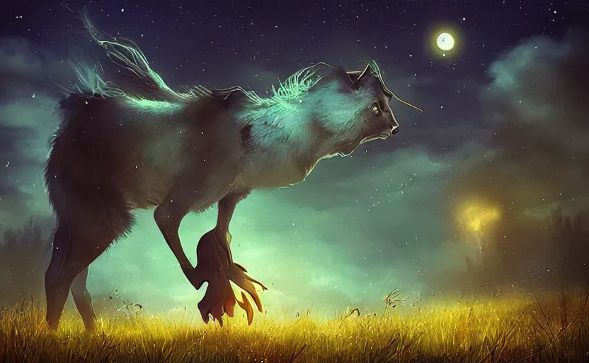 Image similar to a whimsical magical glowing creature in a night field, beautiful, cool dynamic lighting, moonlight, atmospheric, cinematic, highly detailed digital art