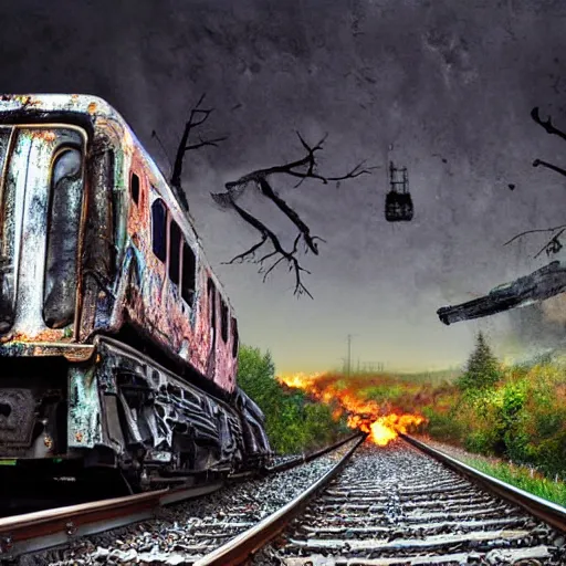 Prompt: subway arriving train decay, building stone big bear shape, expressive painting, colorful, detached dreams, Ultra-Wide Angle, Long double Exposure, black night sky wolves with burned trees, photography, highly detailed, super realistic, cinematic colors