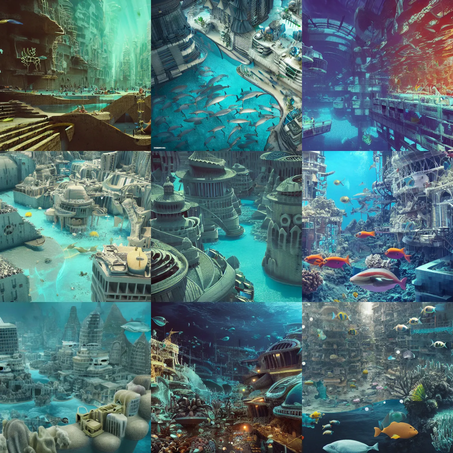 Prompt: The Underwater City: A bustling city that has been built underneath the waves. It's a bustling metropolis with all sorts of sea creatures swimming around. octane render, 8k