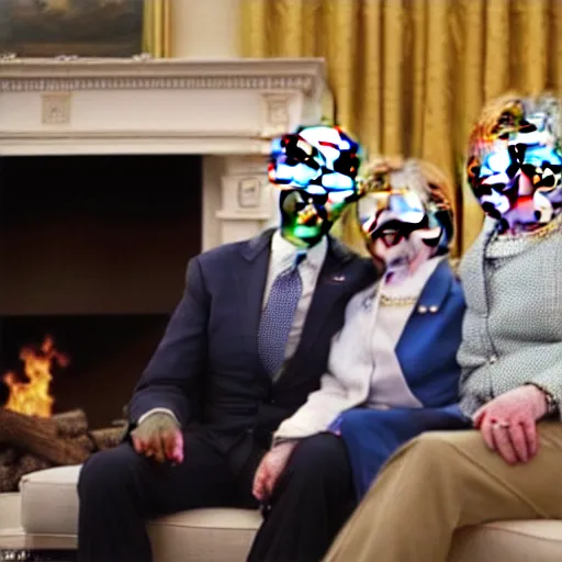 Image similar to joe biden cuddling on a loveseat with hillary clinton next to a cozy fire while they watch a pelican in a top hat do a funny jig in front of them