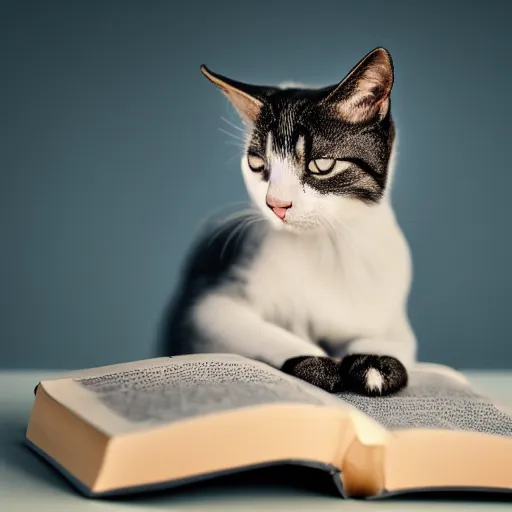 Prompt: a cat reading a book, award winning photo, sharp edges, box of light, blurred background - n 9