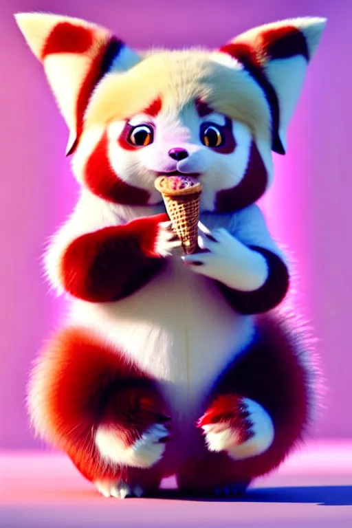 Image similar to high quality 3 d render hyperrealist very cute pastel fluffy! grumpy dragon red panda hybrid eating giant ice cream full body, vray smooth, in the style of detective pikachu, hannah yata charlie immer, dramatic pink light, low angle, uhd 8 k, sharp focus