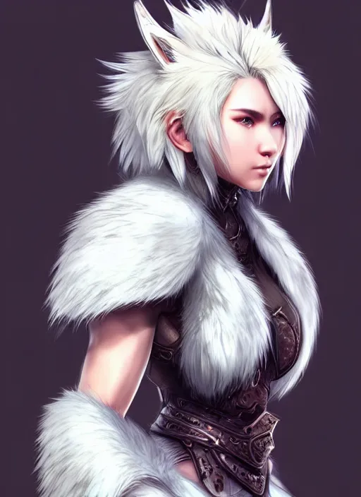 Image similar to warrior, fur - lined wolf armor!!! beautiful and elegant white hair female!! monster hunter!! character concept art, sharp focus, octane render! unreal engine 5! highly rendered!! trending on artstation!! detailed linework!! illustration by artgerm, wlop, and chie yoshii