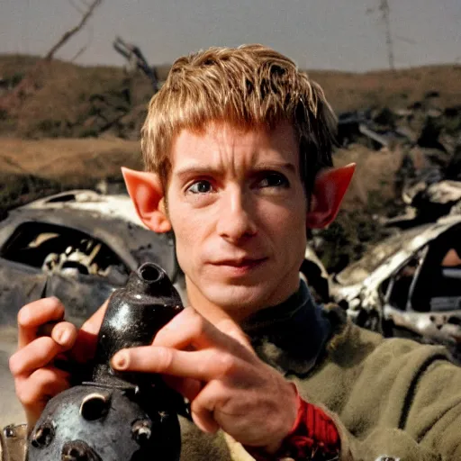 Prompt: close up headshot of a skinny high-fantasy elf with a long narrow face and spiky blonde hair wearing dark brown overalls and holding a bomb next to a destroyed car, high resolution film still, fim by Peter Jackson