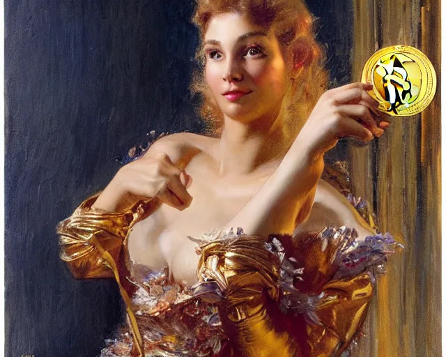 Prompt: attractive woman holding a golden bitcoin, commercial by annie liebovitz, gaston bussiere, craig mullins, j. c. leyendecker