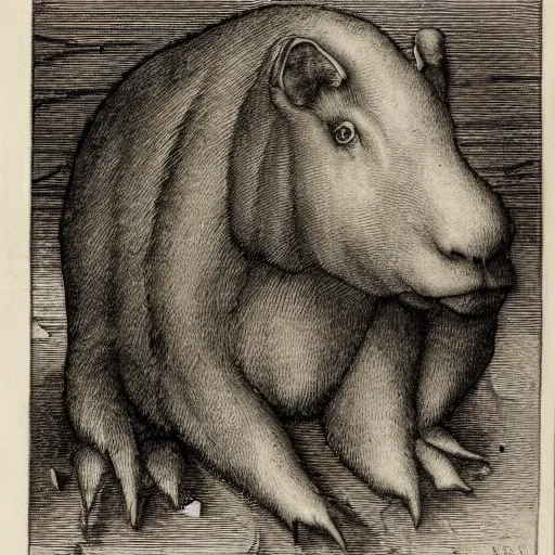 Prompt: albrecht durer etching of a capybara and a platonic solid, detailed, masterpiece, intricate, collection of louvre