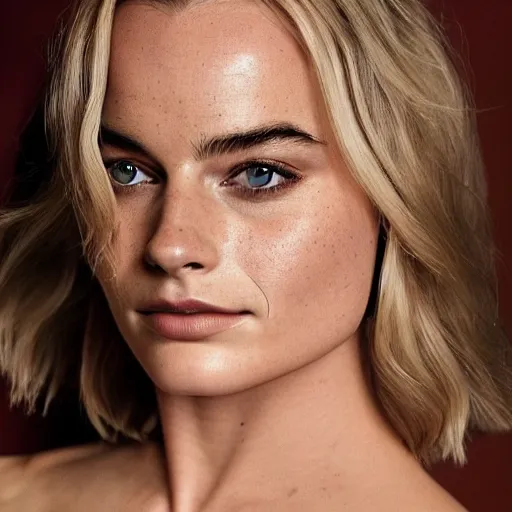 Image similar to a woman who is a genetic combination of margot robbie and emma watson face and upper - body focus