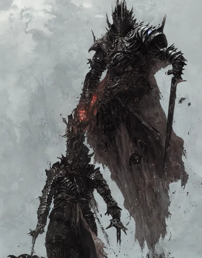 Image similar to folk horror illustration of the ashen one (armored hollowed undead warrior facing impossible odds) from dark souls 3, art by greg rutkowski, art by craig mullins, art by Masanori Warugai, art by Yoshitaka Amano