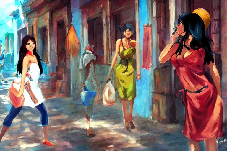 Image similar to concept art, painting of cuban women in havana, digital anime art, good lighting,