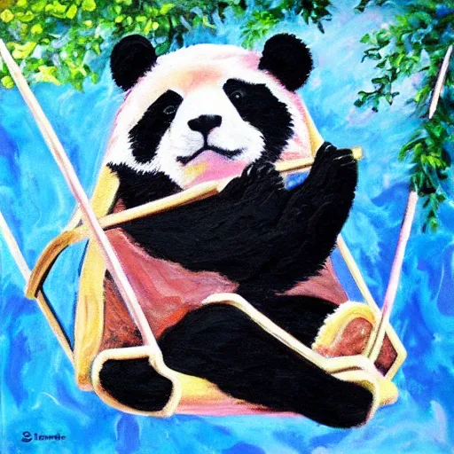 Prompt: beautiful acrylic! impasto! painting of a sad, crying panda bear on a playground swing