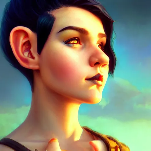 Image similar to a Photorealistic dramatic hyperrealistic gnome woman, pixie undercut black hair, naval background, by WLOP,Artgerm,Greg Rutkowski,Alphonse Mucha, Beautiful dynamic dramatic bright sunset lighting,shadows,cinematic atmosphere,Artstation,concept design art,Octane render,8k