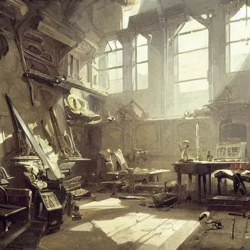 Prompt: painting of a scifi ancient civilzation victorian empty room with scifi gadgets, andreas achenbach