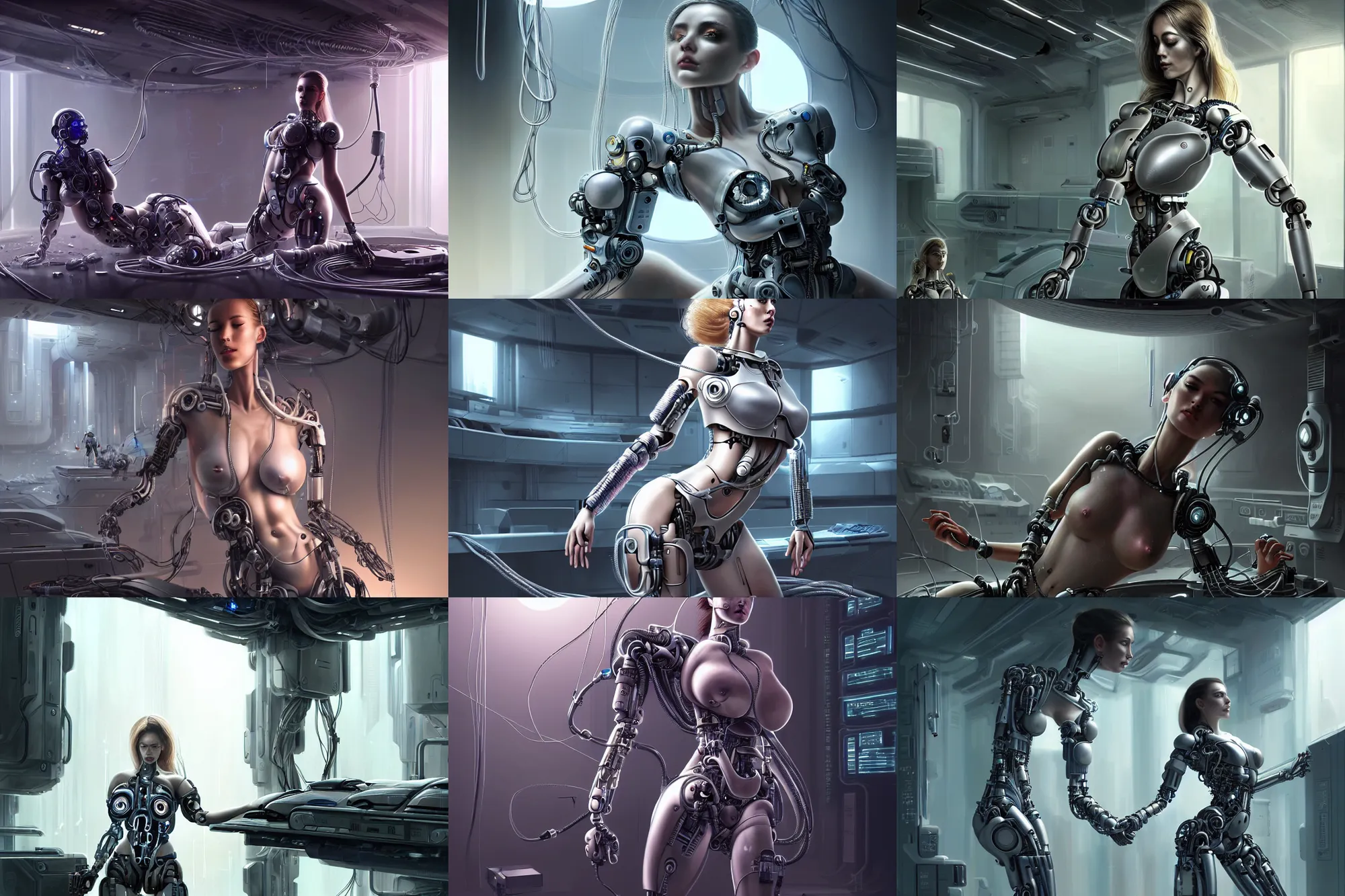 Prompt: Ultra realistic illustration, incredibly beautiful and alluring female cyborg goddess creating a beautiful female android, in a destroyed futuristic super advanced military medical bay with cables hanging from ceiling, cables on floor, beautiful face, voluptuous body, beautiful alluring science observing, cyberpunk, sci-fi, fantasy, intricate, elegant, highly detailed, digital painting, artstation, concept art, smooth, sharp focus, illustration, dramatic lighting, art by artgerm and greg rutkowski and alphonse mucha