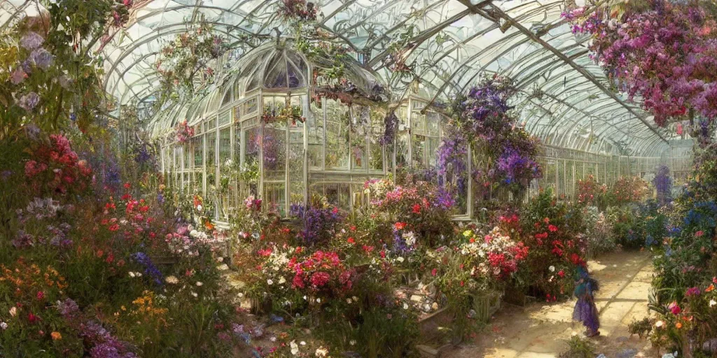 Prompt: a beautifull intricate greenhouse with many flowers, reflexions, verry high details, colorfull, by william turner art, greg rutkowski and alphonse mucha, trending on artstation, very very detailed, masterpiece,