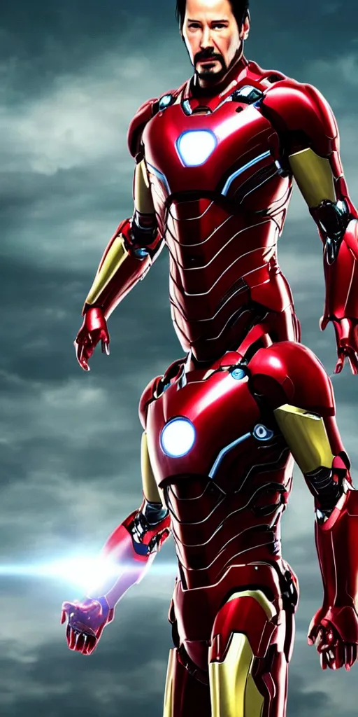 Prompt: keanu reeves as ironman, phone wallpaper, epic scene